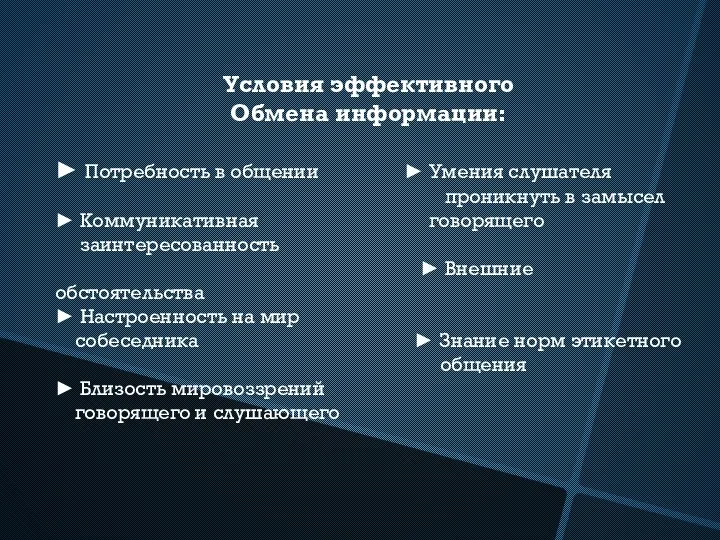 Условия эффективного Обмена информации: ► Потребность в общении ► Умения слушателя