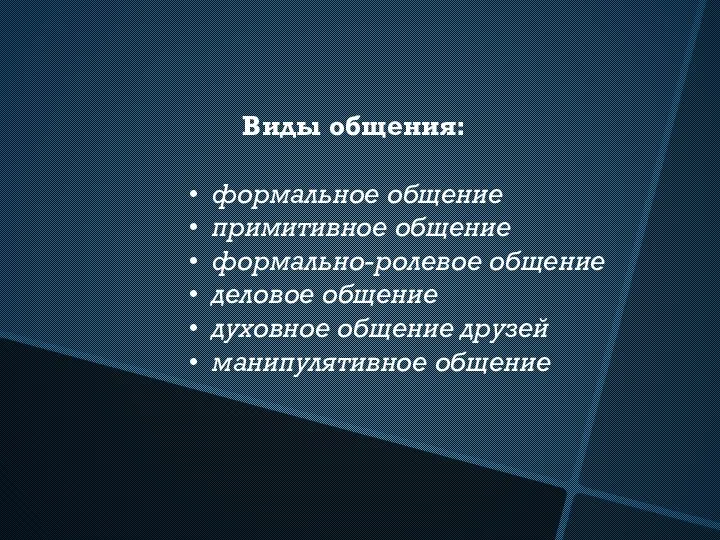 Виды общения: формальное общение примитивное общение формально-ролевое общение деловое общение духовное общение друзей манипулятивное общение