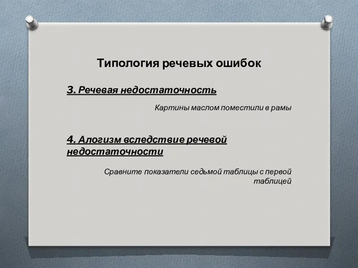 Типология речевых ошибок 3. Речевая недостаточность Картины маслом поместили в рамы