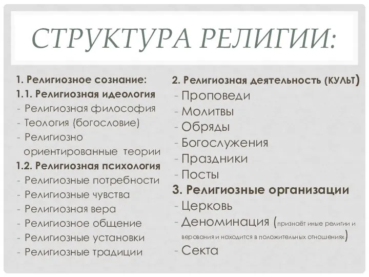 СТРУКТУРА РЕЛИГИИ: 2. Религиозная деятельность (КУЛЬТ) Проповеди Молитвы Обряды Богослужения Праздники