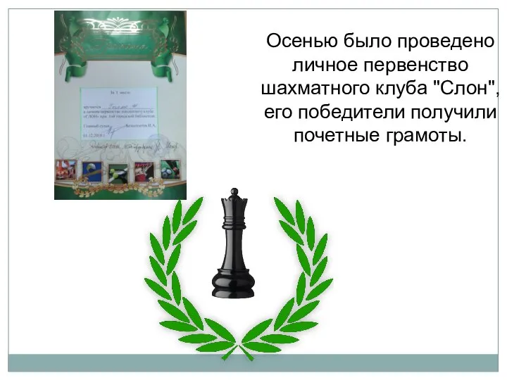 Осенью было проведено личное первенство шахматного клуба "Слон", его победители получили почетные грамоты.