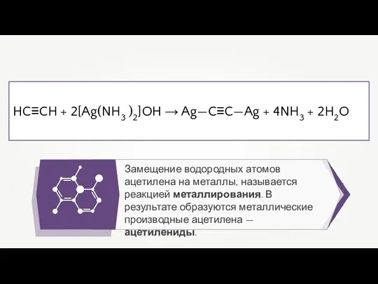 Замещение водородных атомов ацетилена на металлы, называется реакцией металлирования. В результате