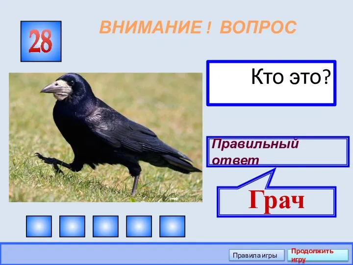 ВНИМАНИЕ ! ВОПРОС Кто это? 28 Правильный ответ Грач Правила игры Продолжить игру