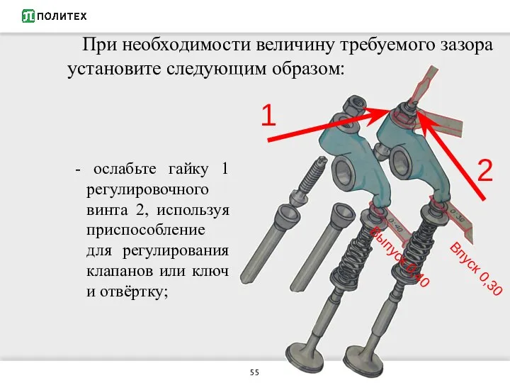 - ослабьте гайку 1 регулировочного винта 2, используя приспособление для регулирования