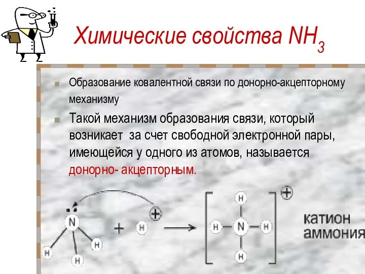 Химические свойства NH3 Образование ковалентной связи по донорно-акцепторному механизму Такой механизм