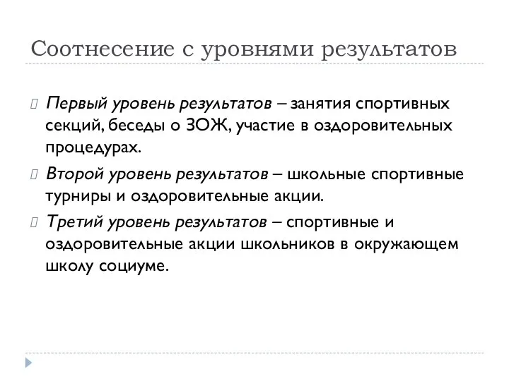 Соотнесение с уровнями результатов Первый уровень результатов – занятия спортивных секций,