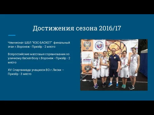 Достижения сезона 2016/17 Чемпионат ШБЛ “КЭС-БАСКЕТ” финальный этап г.Воронеж - Призёр