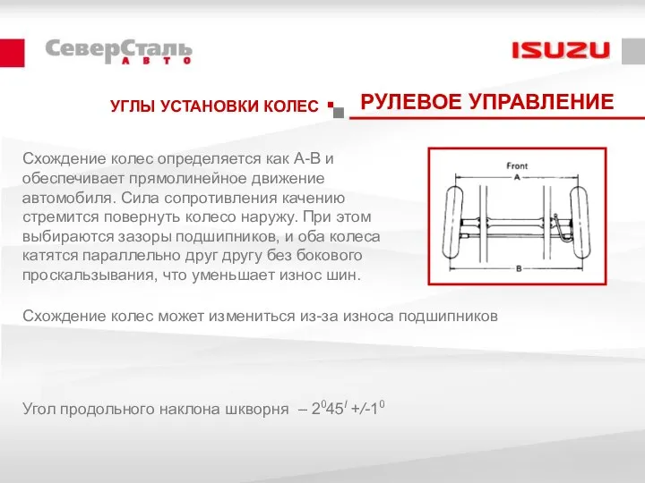 УГЛЫ УСТАНОВКИ КОЛЕС РУЛЕВОЕ УПРАВЛЕНИЕ Схождение колес определяется как А-В и