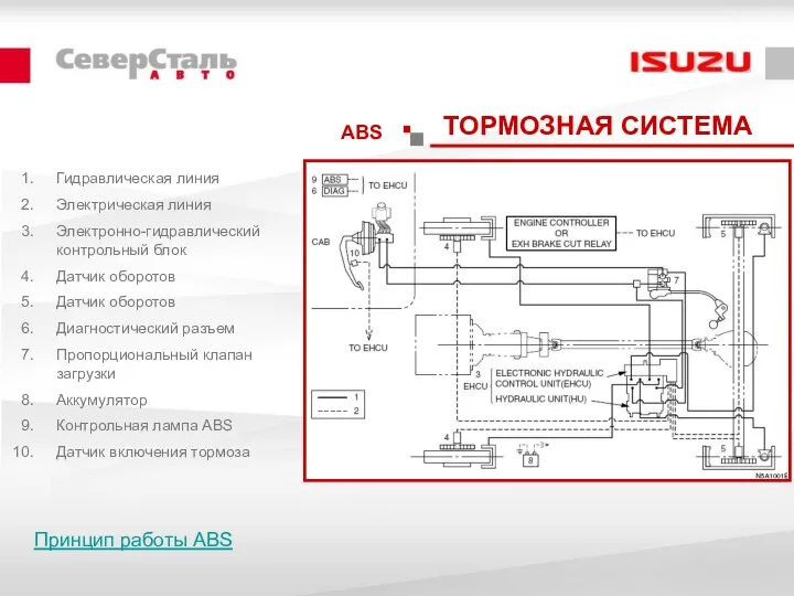 ABS ТОРМОЗНАЯ СИСТЕМА Гидравлическая линия Электрическая линия Электронно-гидравлический контрольный блок Датчик