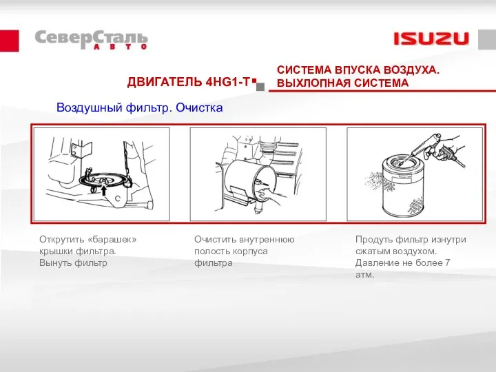 ДВИГАТЕЛЬ 4HG1-T Воздушный фильтр. Очистка Открутить «барашек» крышки фильтра. Вынуть фильтр