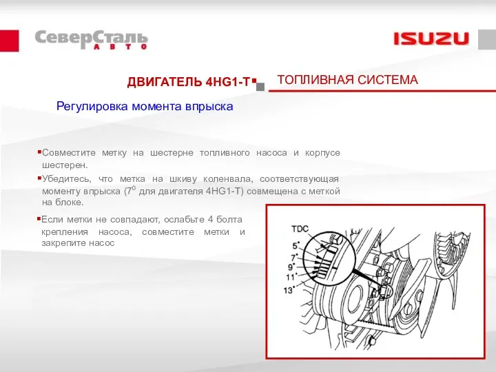 ДВИГАТЕЛЬ 4HG1-T ТОПЛИВНАЯ СИСТЕМА Регулировка момента впрыска Совместите метку на шестерне