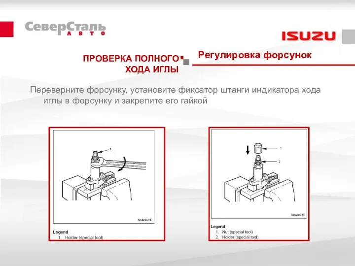 Регулировка форсунок Переверните форсунку, установите фиксатор штанги индикатора хода иглы в