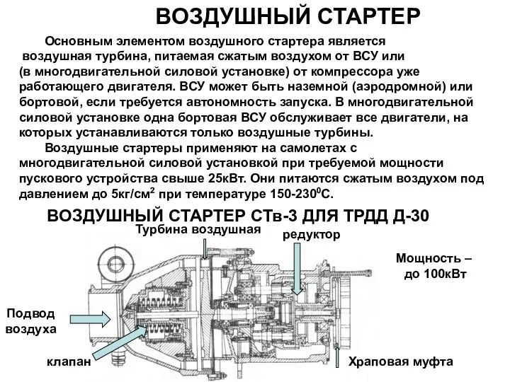 ВОЗДУШНЫЙ СТАРТЕР Основным элементом воздушного стартера является воздушная турбина, питаемая сжатым