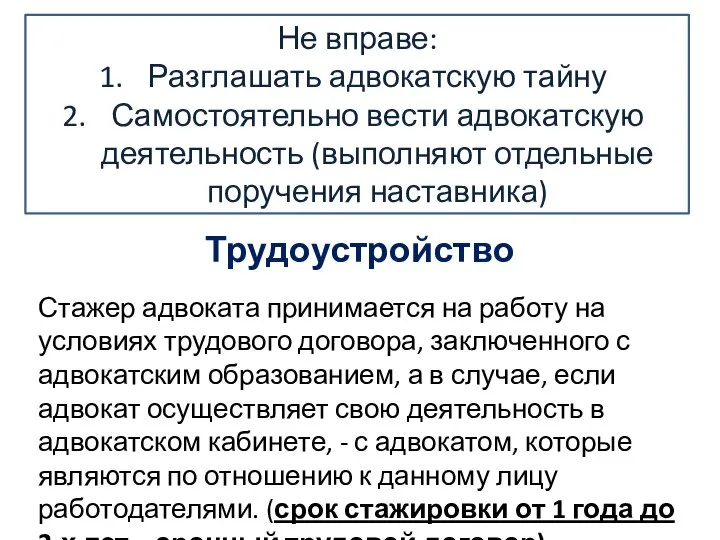 Не вправе: Разглашать адвокатскую тайну Самостоятельно вести адвокатскую деятельность (выполняют отдельные