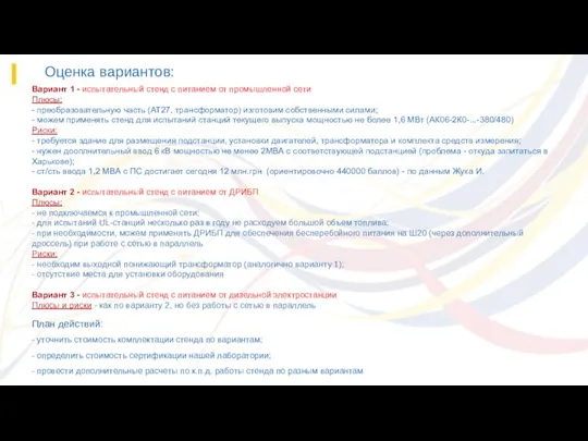 Оценка вариантов: План действий: - уточнить стоимость комплектации стенда по вариантам;