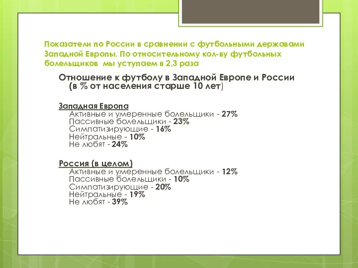 Показатели по России в сравнении с футбольными державами Западной Европы. По