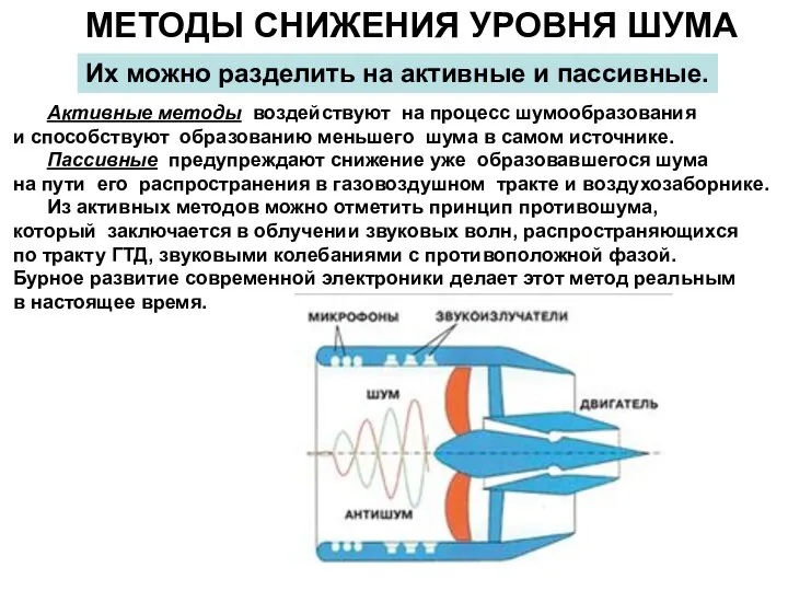 МЕТОДЫ СНИЖЕНИЯ УРОВНЯ ШУМА Активные методы воздействуют на процесс шумообразования и