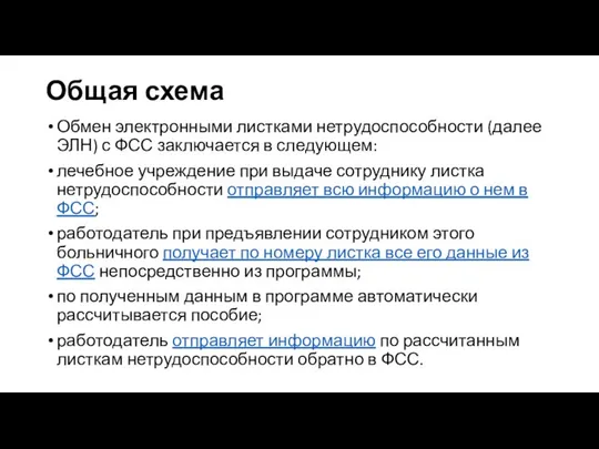 Общая схема Обмен электронными листками нетрудоспособности (далее ЭЛН) с ФСС заключается