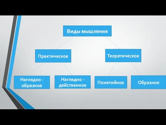 Виды мышления Практическое Теоретическое Наглядно - образное Наглядно -действенное Понятийное Образное