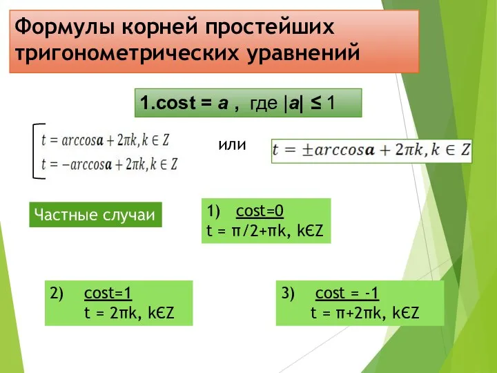 Формулы корней простейших тригонометрических уравнений 1.cost = а , где |а|