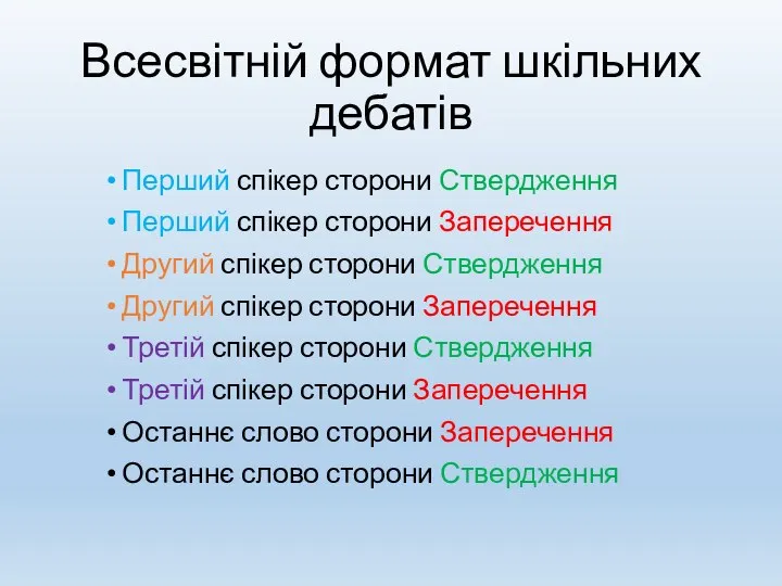 Всесвітній формат шкільних дебатів Перший спікер сторони Ствердження Перший спікер сторони