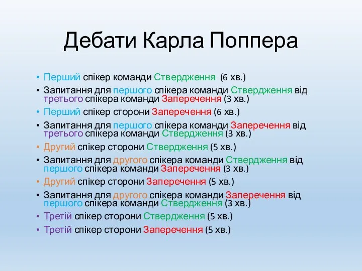 Дебати Карла Поппера Перший спікер команди Ствердження (6 хв.) Запитання для