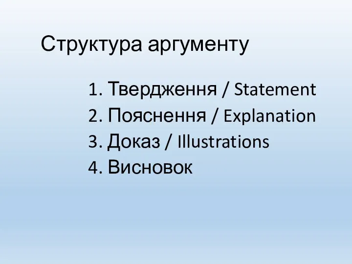 Структура аргументу 1. Твердження / Statement 2. Пояснення / Explanation 3. Доказ / Illustrations 4. Висновок