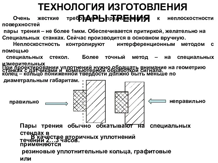 ТЕХНОЛОГИЯ ИЗГОТОВЛЕНИЯ ПАРЫ ТРЕНИЯ Очень жесткие требования предъявляются к неплоскостности поверхностей