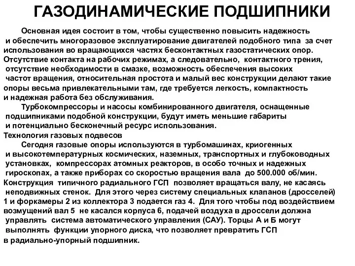 ГАЗОДИНАМИЧЕСКИЕ ПОДШИПНИКИ Основная идея состоит в том, чтобы существенно повысить надежность