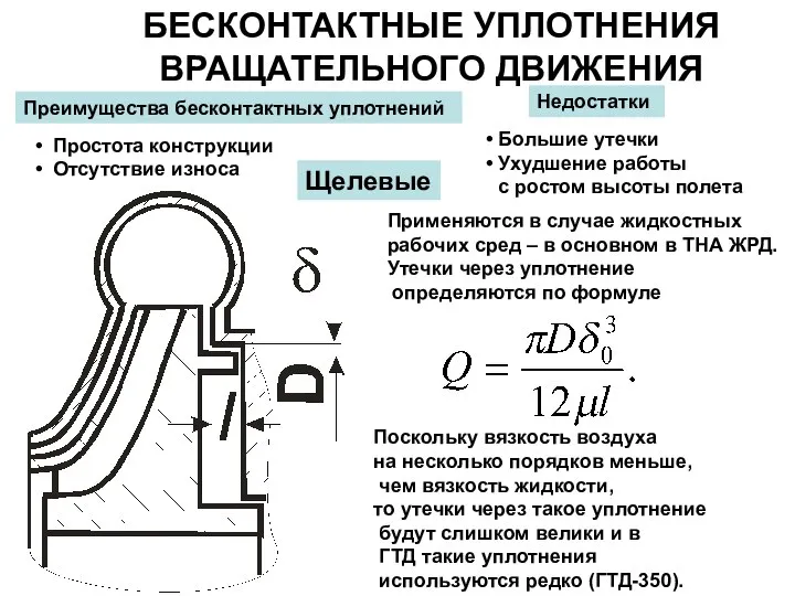 БЕСКОНТАКТНЫЕ УПЛОТНЕНИЯ ВРАЩАТЕЛЬНОГО ДВИЖЕНИЯ Щелевые Применяются в случае жидкостных рабочих сред