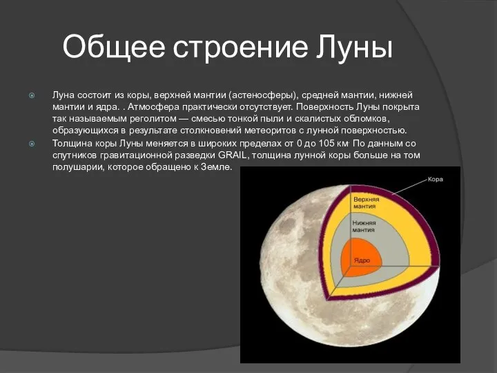 Общее строение Луны Луна состоит из коры, верхней мантии (астеносферы), средней