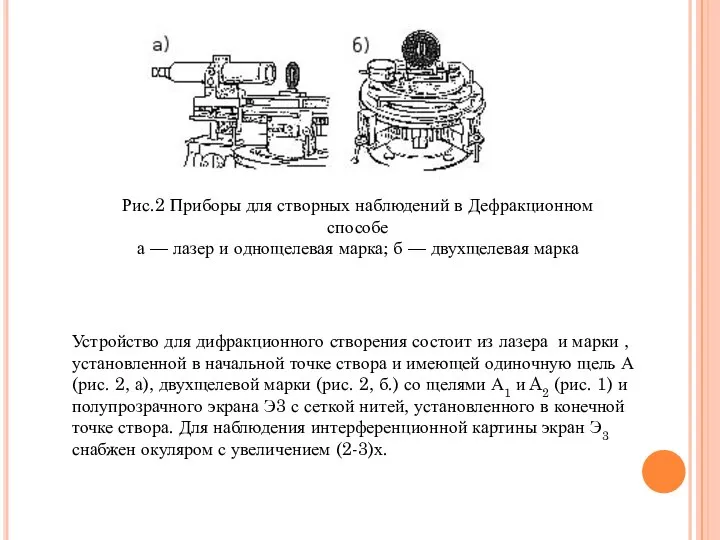 Рис.2 Приборы для створных наблюдений в Дефракционном способе а — лазер