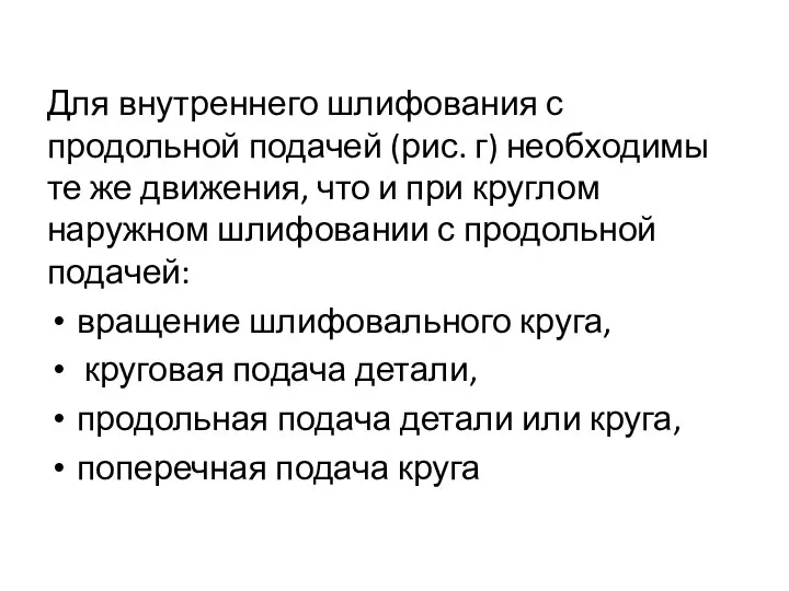 Для внутреннего шлифования с продольной подачей (рис. г) необ­ходимы те же