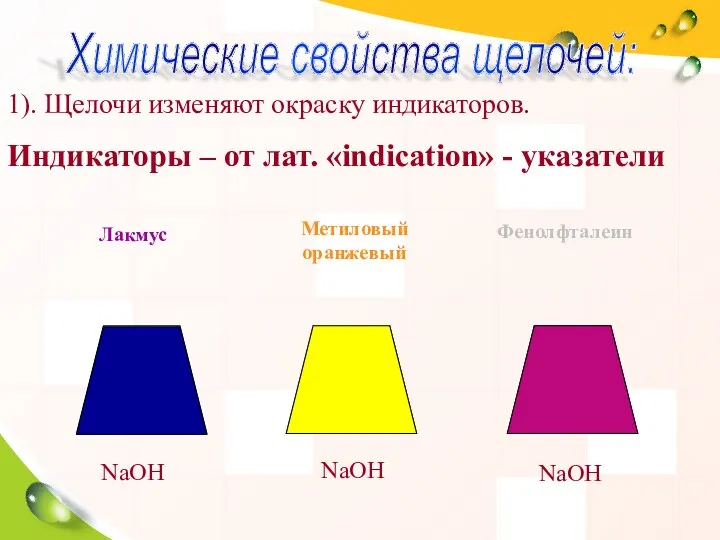 1). Щелочи изменяют окраску индикаторов. Индикаторы – от лат. «indication» -