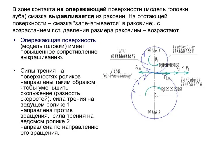 В зоне контакта на опережающей поверхности (модель головки зуба) смазка выдавливается