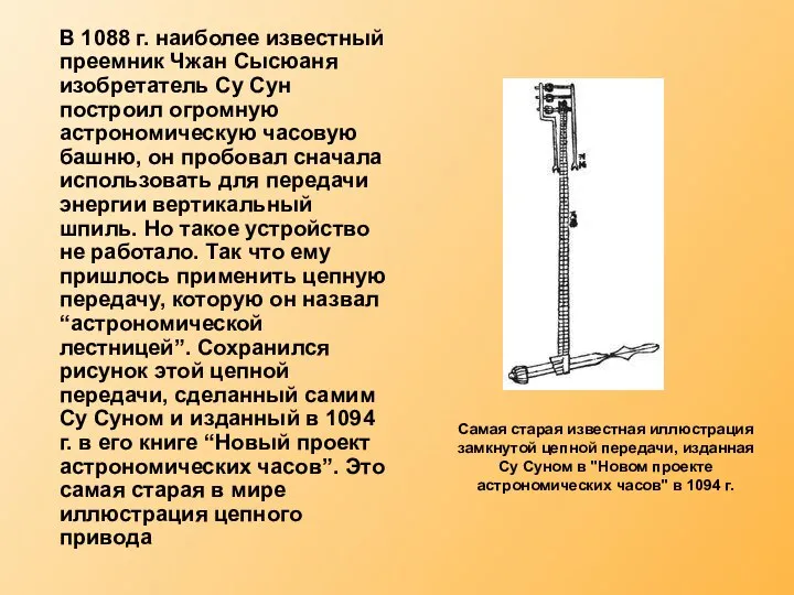 В 1088 г. наиболее известный преемник Чжан Сысюаня изобретатель Су Сун