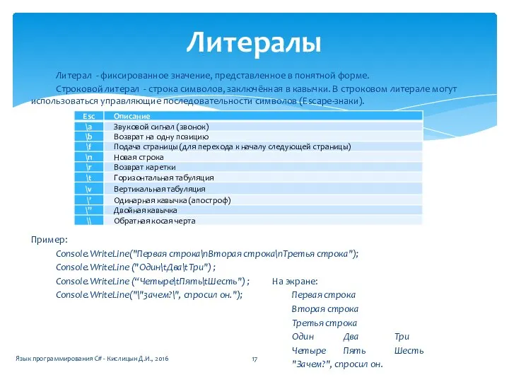 Литерал - фиксированное значение, представленное в понятной форме. Строковой литерал -