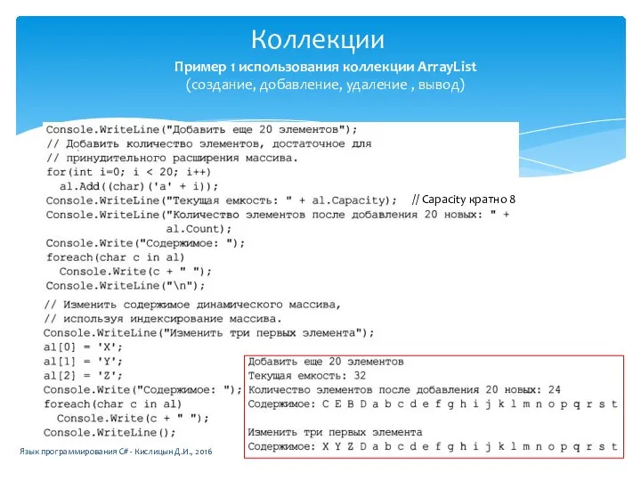 Коллекции Язык программирования C# - Кислицын Д.И., 2016 Пример 1 использования