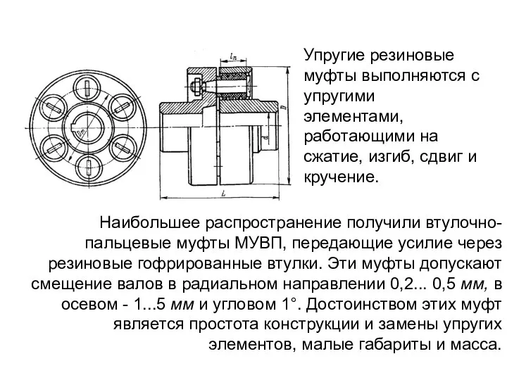 Упругие резиновые муфты выполняются с упругими элементами, работающими на сжатие, изгиб,