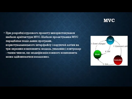 MVC При розробці курсового проекту використовувався шаблон архітектури MVC. Шаблон проектування