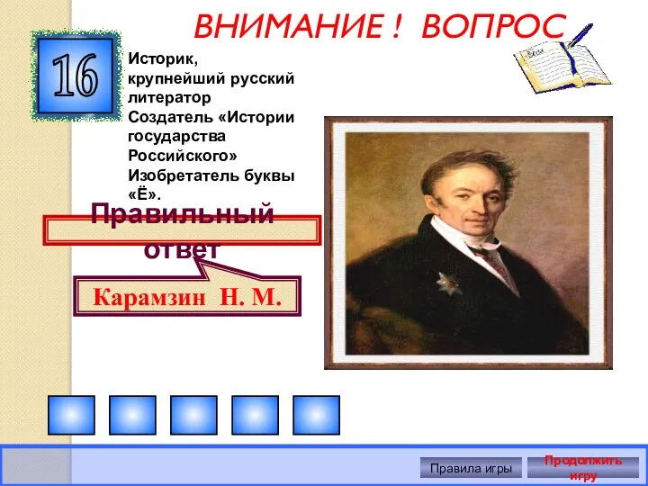 ВНИМАНИЕ ! ВОПРОС 16 Правила игры Продолжить игру Историк, крупнейший русский