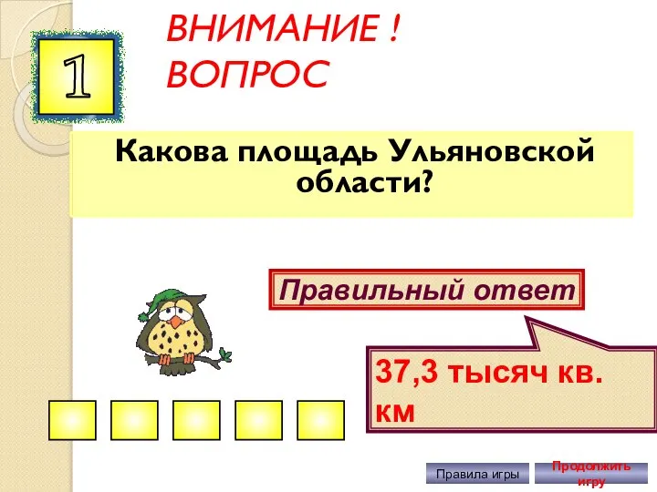 ВНИМАНИЕ ! ВОПРОС Какова площадь Ульяновской области? 1 Правильный ответ 37,3