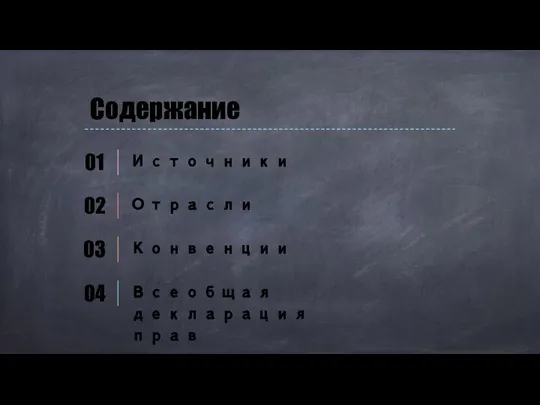 01 Источники 02 Отрасли 03 Конвенции 04 Всеобщая декларация прав челоевка Содержание