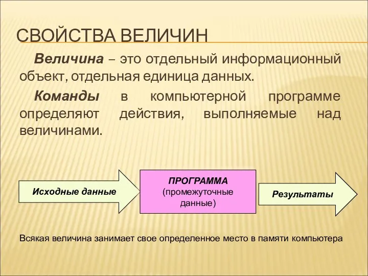 СВОЙСТВА ВЕЛИЧИН Величина – это отдельный информационный объект, отдельная единица данных.