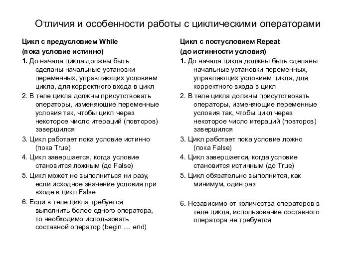 Отличия и особенности работы с циклическими операторами Цикл с предусловием While