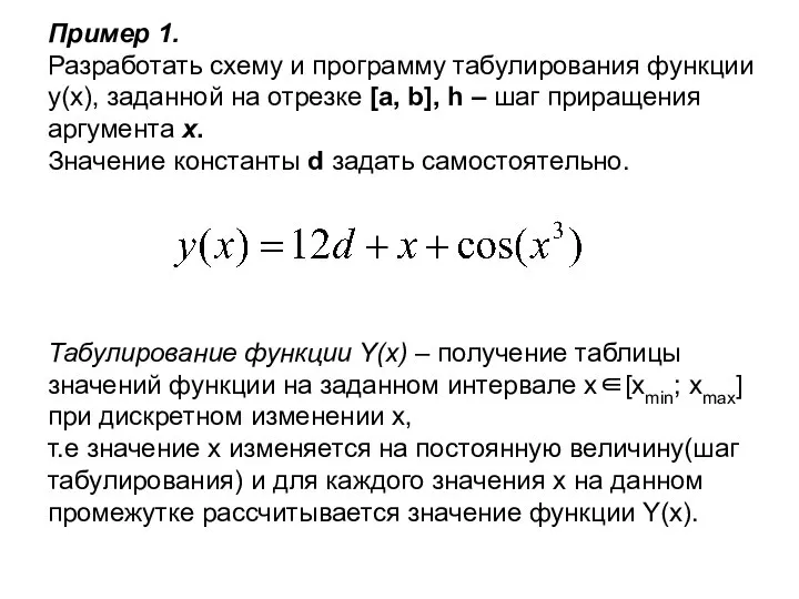 Пример 1. Разработать схему и программу табулирования функции y(x), заданной на