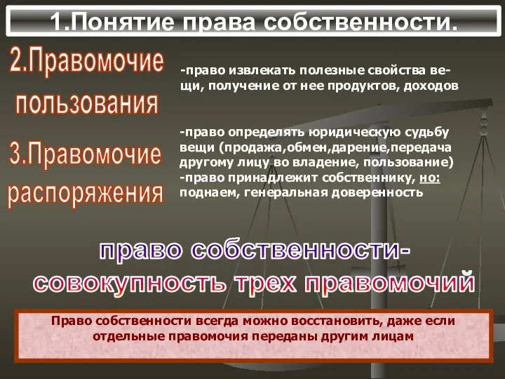 1.Понятие права собственности. 2.Правомочие пользования -право извлекать полезные свойства ве- щи,