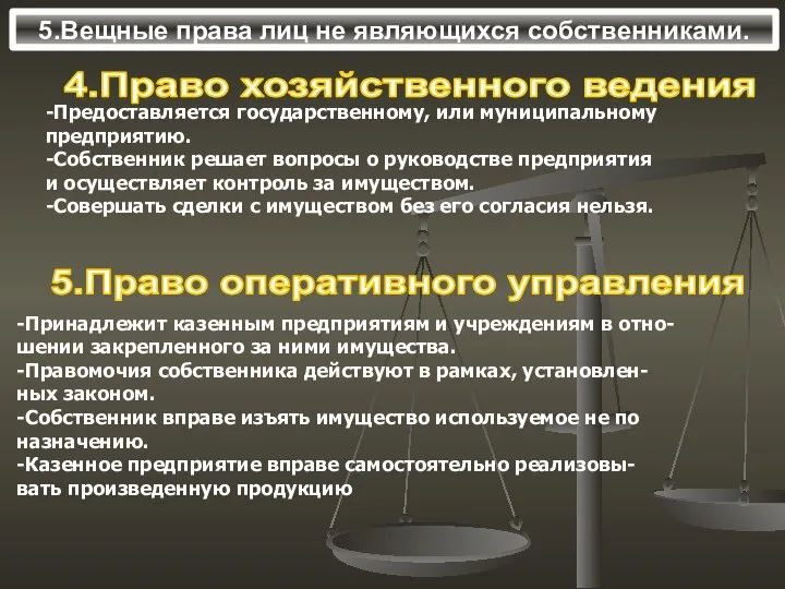 5.Вещные права лиц не являющихся собственниками. 5.Право оперативного управления -Принадлежит казенным