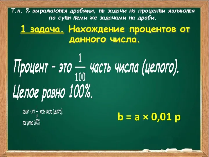 1 задача. Нахождение процентов от данного числа. Т.к. % выражаются дробями,