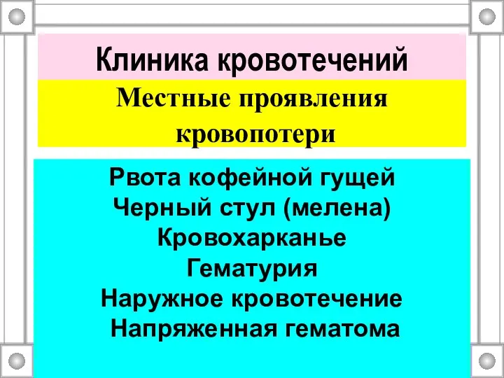 Клиника кровотечений Местные проявления кровопотери Рвота кофейной гущей Черный стул (мелена)